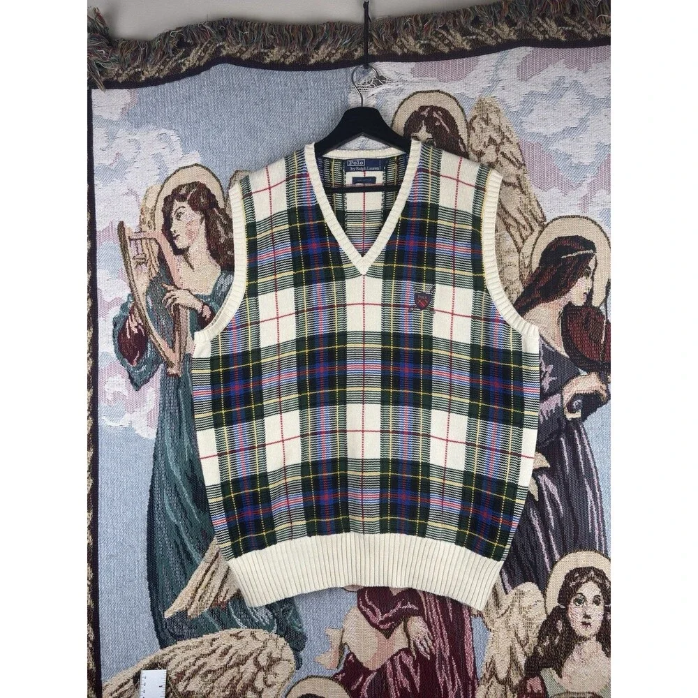 VTG Polo Ralph Lauren Fair Tartan Sweater Vest Beige Cotton Preppy Golf Mens XL